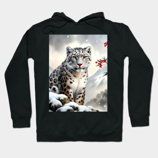 A Proud Snow Leopard Went Hunting, in the Snowy forest, Hight Mountains, Snow Falling, Winter Landscape, Wildlife White Panthera, Watercolor Realistic Illustration, Art, Portrait, Poster, Shirt, Christmas Holiday, Birthday gifts, Hunting lover Hoodie